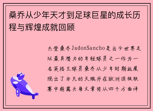 桑乔从少年天才到足球巨星的成长历程与辉煌成就回顾