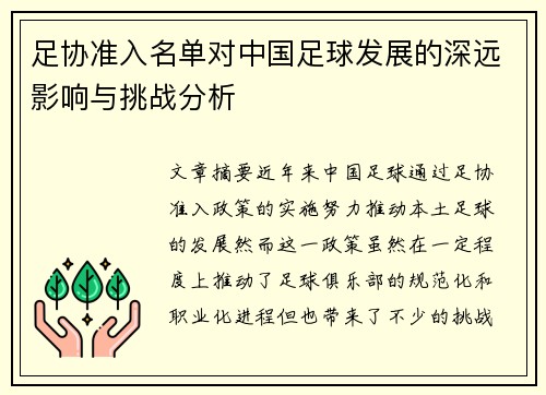 足协准入名单对中国足球发展的深远影响与挑战分析